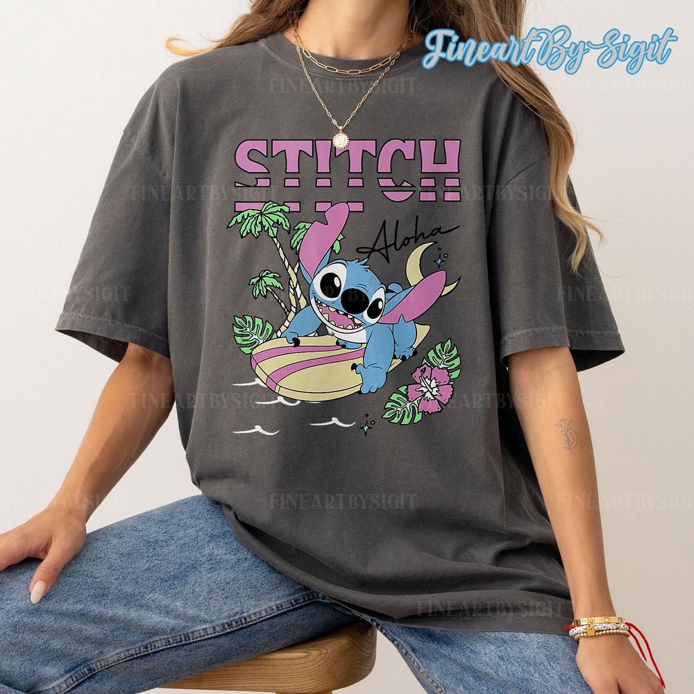 Disney Stitch Aloha Hawaiian Surf Poster Vuitino Shirt